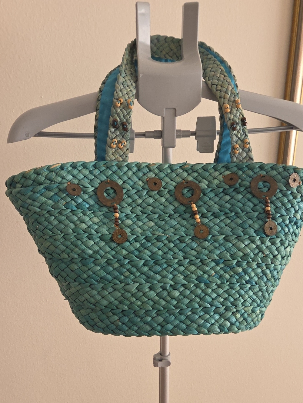 Turquoise Braided Straw Tote Bag with Bead Accents